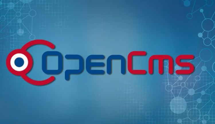 Grafik mit blauem Hintergrund und OpenCms Logo